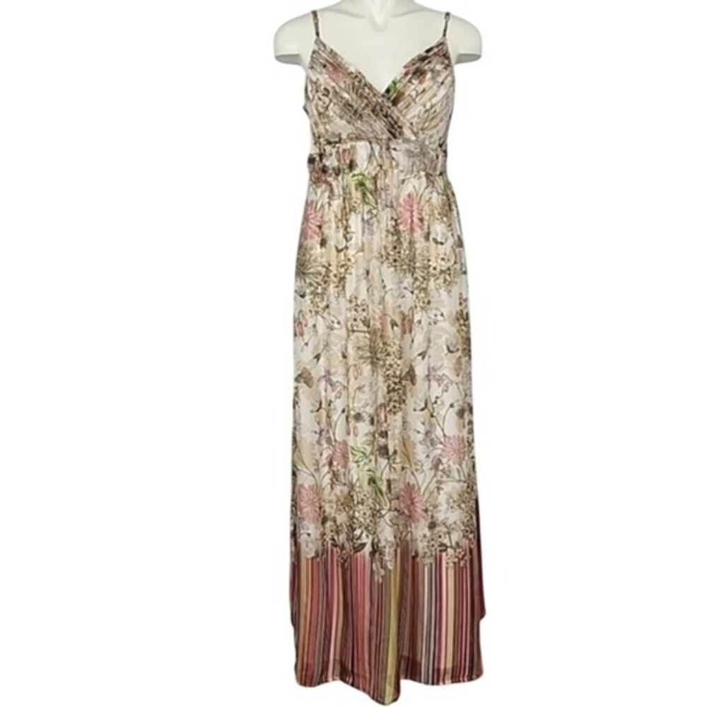 Tristan Women's Silk Floral Striped Print Spaghetti Strap Maxi Dress 16